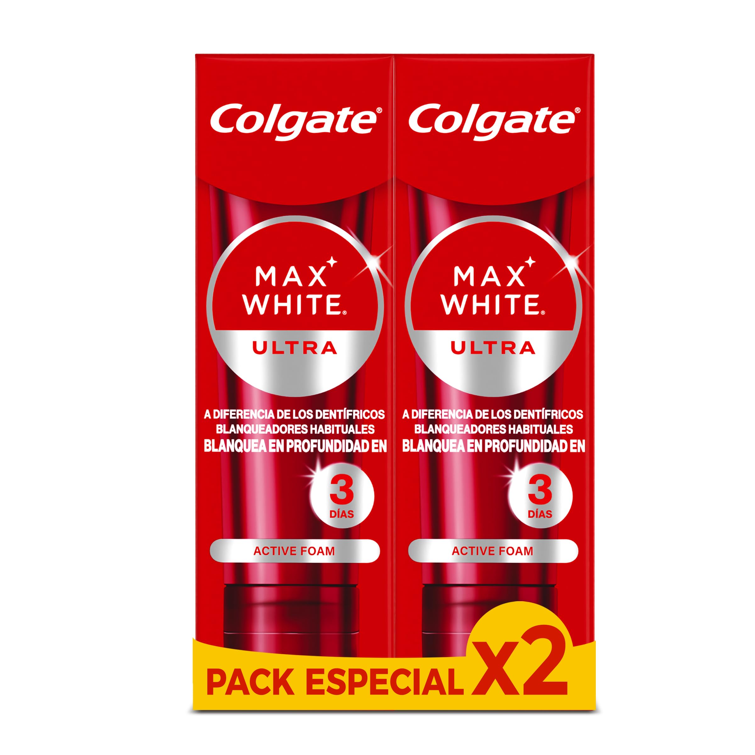 COLGATE Max White Ultra Active Foam Seguro para los Dientes con Flúor, Blanqueador para Manchas, 2x75ml