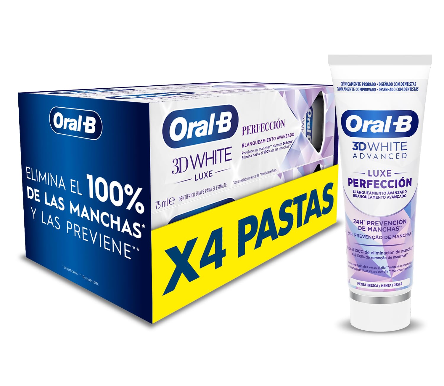 Oral-B 3D White Advanced Luxe Perfection Pasta De Dientes Blanqueadora, Pack Ahorro 4x75 ml, Sabor A Hierbabuena Fresca,
