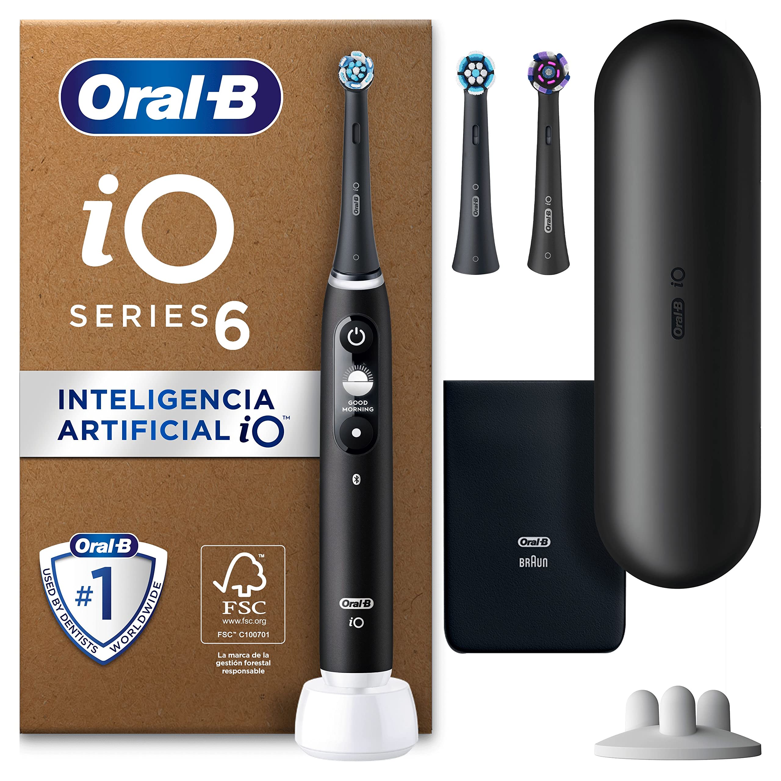 Oral-B iO 6 + Blanqueamiento Dental + sensor de presión | Negro + Mango Recargable + 3 Cabezales | Ideal para Familias +